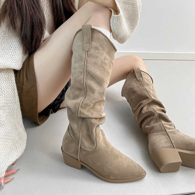 Women's Knight V Buckle Skinny Pile Style Chunky Women's Leather Boots