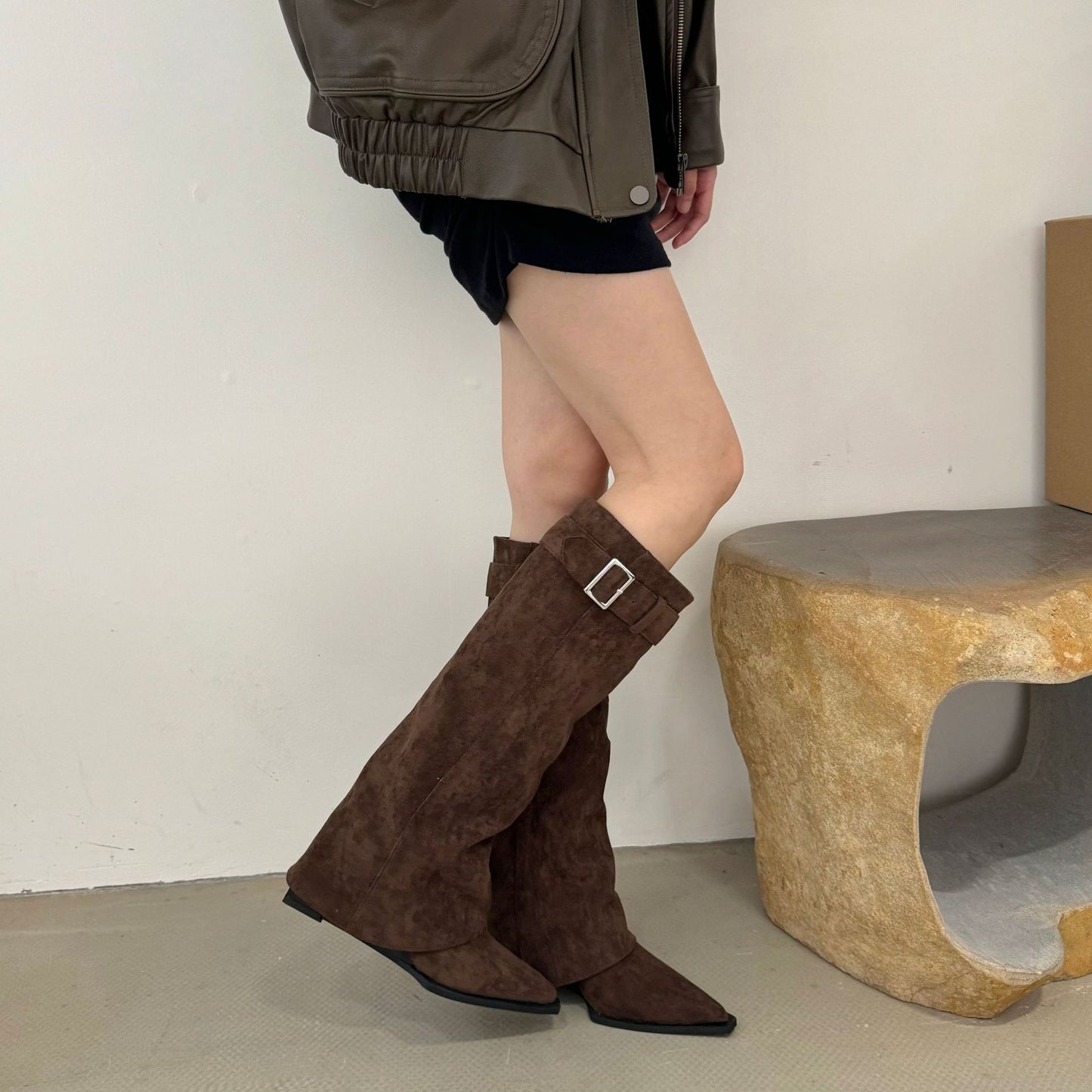 Wedge Suede High Pointed Toe Pantyhose Long Boots