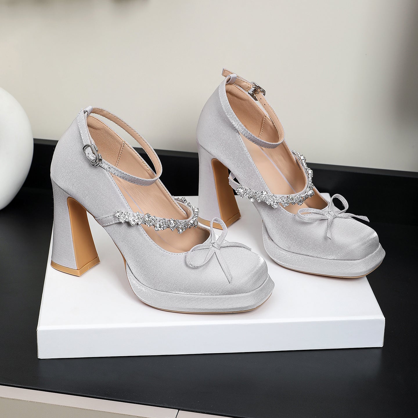 Jane High Rhinestone With Waterproof Platform Wedding Satin Bow Chunky Women's Fashion Shoes