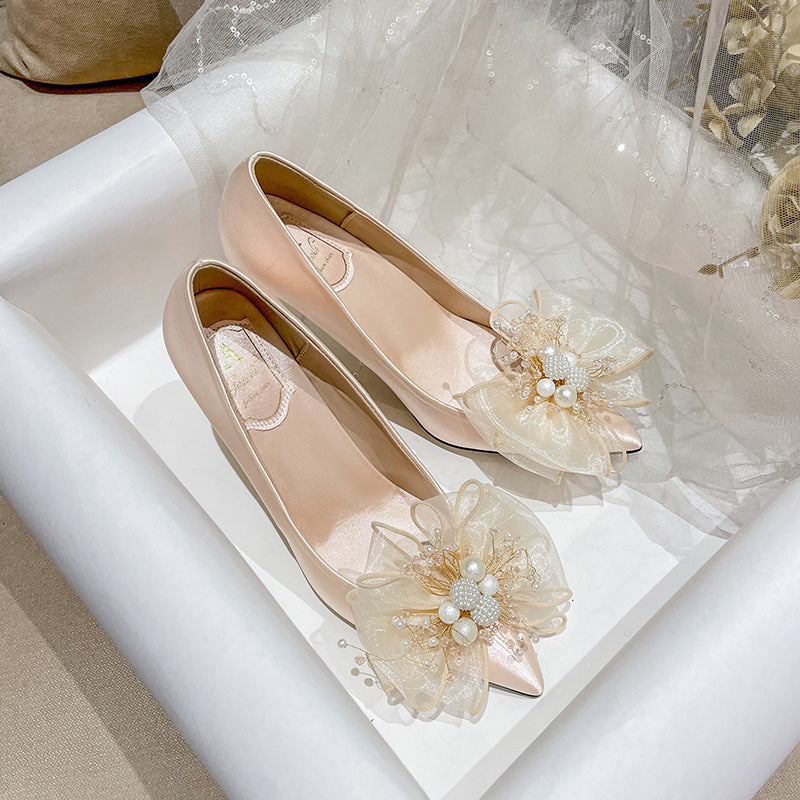 Women's Sweet Bow Bridal White Wedding Dress Champagne Bridesmaid Heels