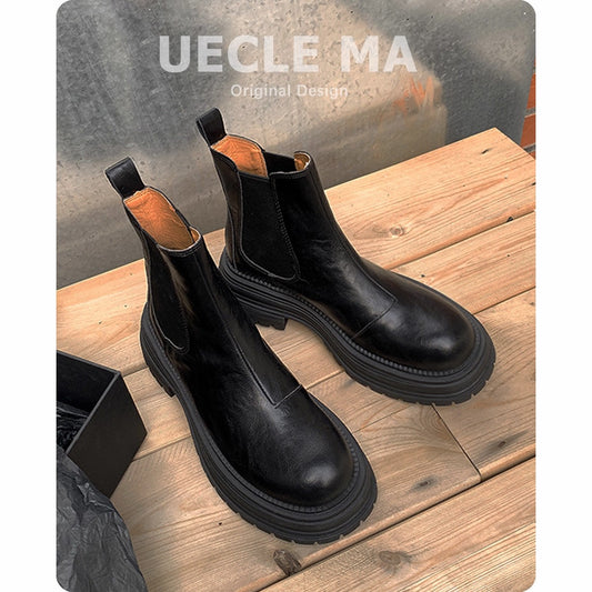 Women's Washed Cowhide Genuine Chelsea Retro Ankle Thick-soled British Women's Leather Boots