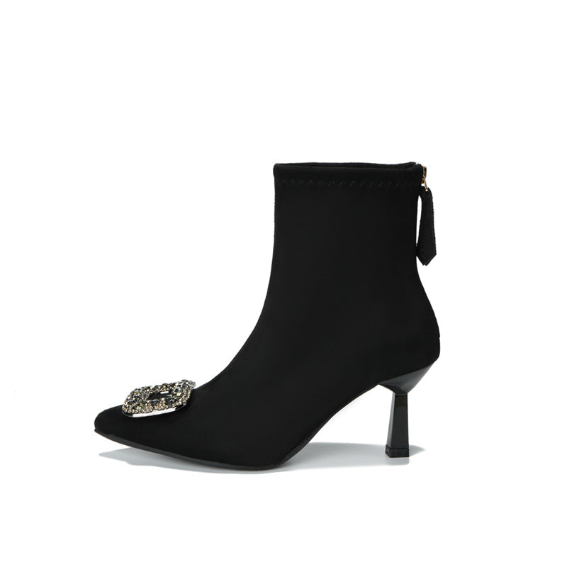 Women's Square Buckle Stiletto Suede Rhinestones High Ankle Stretch Women's Leather Boots