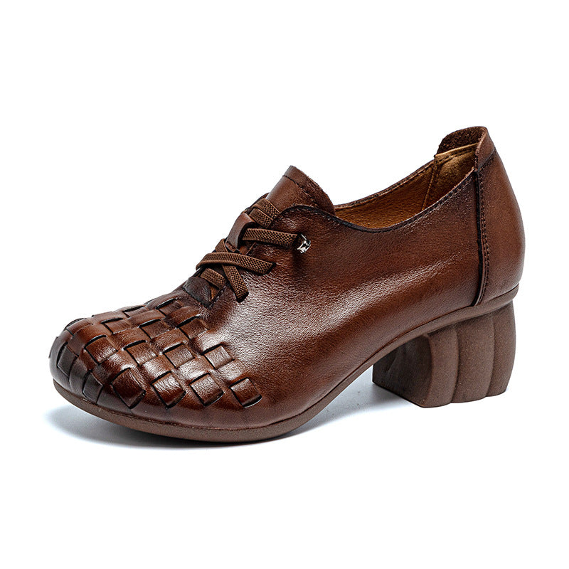 Women's Thick Soft Bottom First Layer Cowhide Slip-on High-cut Retro Handmade Heels