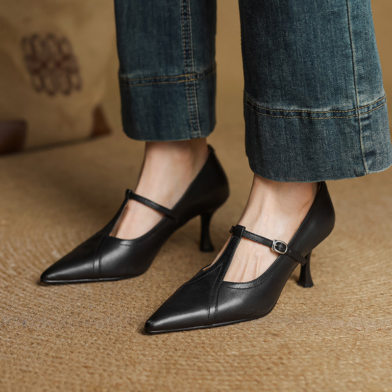 Women's Large Small Size Removable Sheepskin Simple Vintage Mary Heels