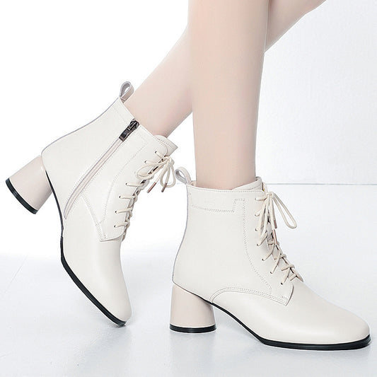 Women's White Martin Mid Ankle Soft Thin Women's Leather Boots