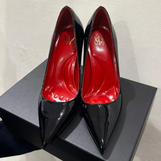 Women's Bottom High Stiletto Beautiful Sexy Black Patent Pointed French Style Heels