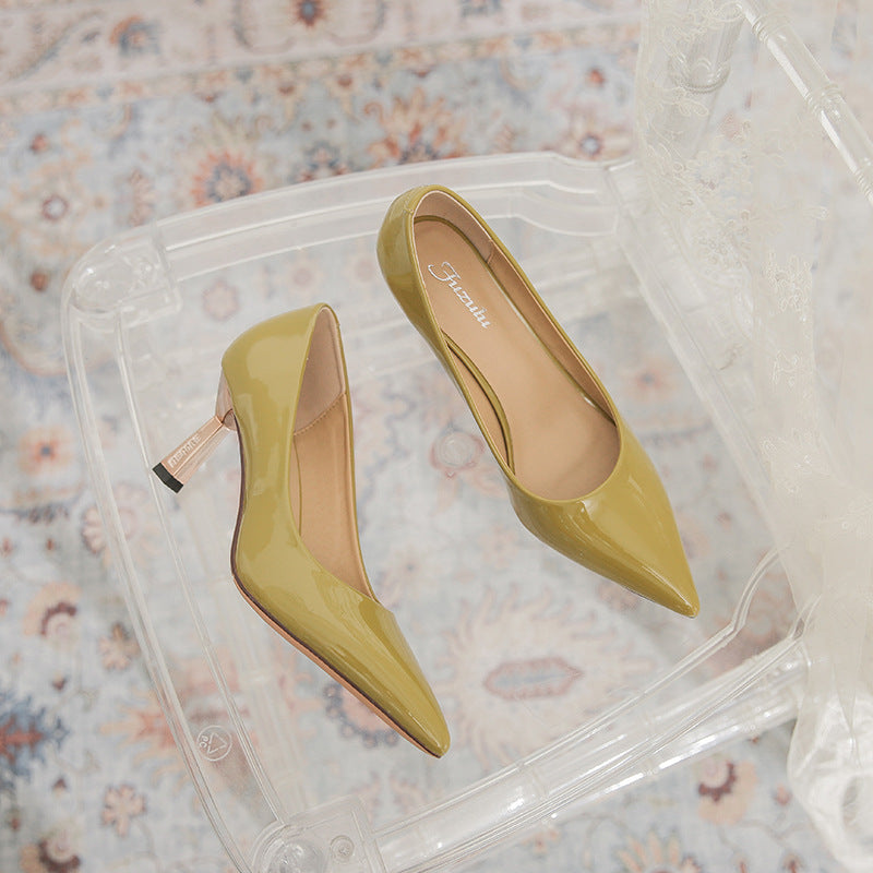 Women's French Elegance Olive Yellow Pointed High Spring Patent Commuter Stiletto Women's Fashion Shoes