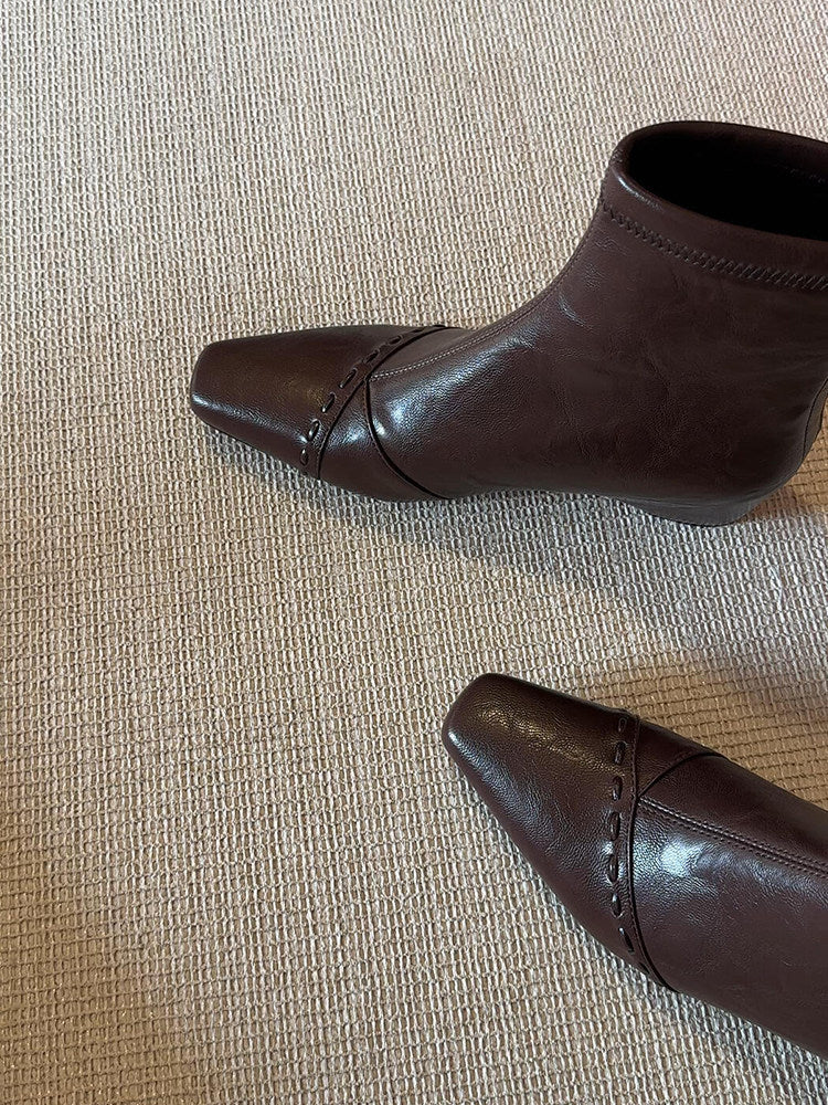 Women's Version Square Toe Genuine Simple Skinny French Gentle Back Zipper Women's Leather Boots