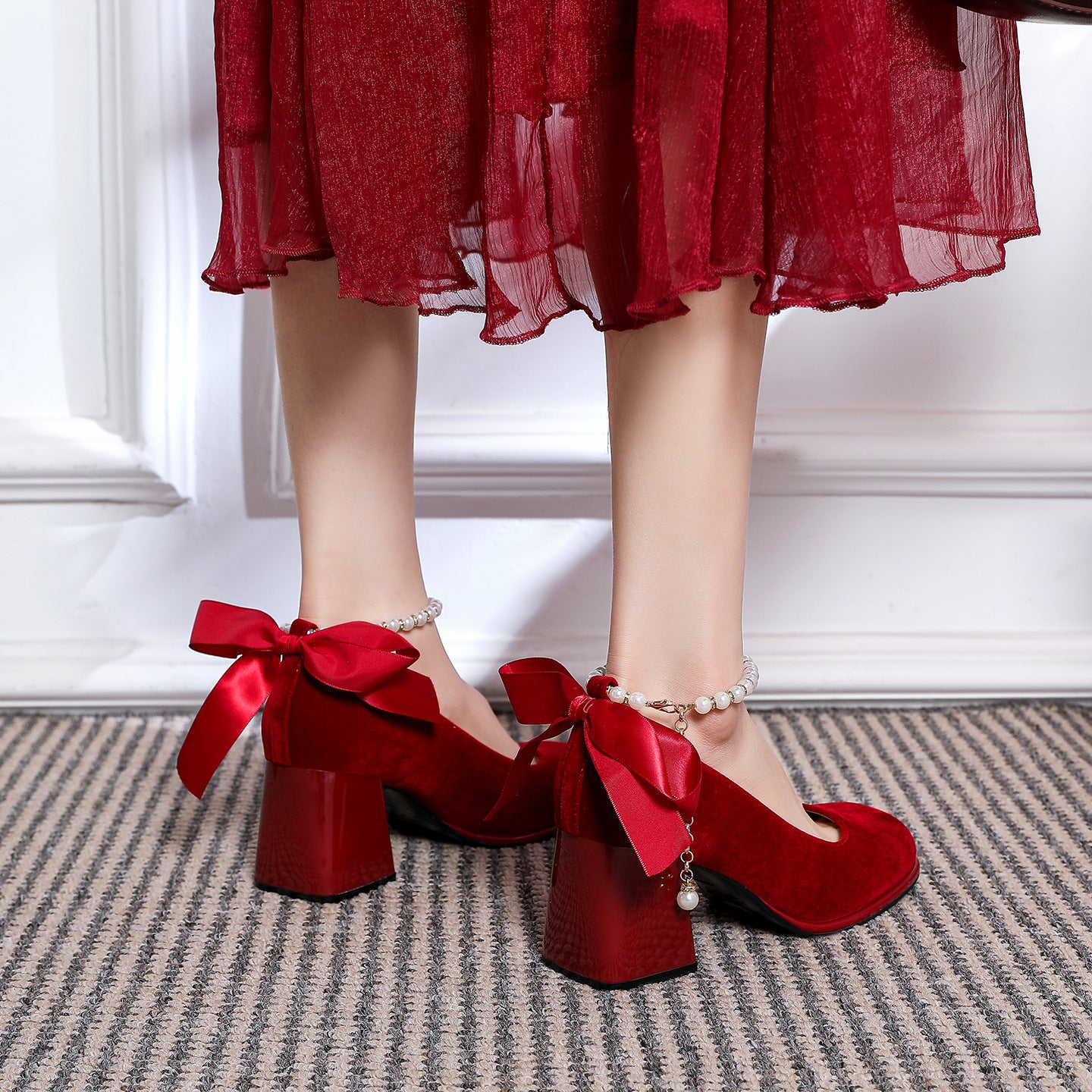 Red Wedding Mary Jane Bridal Engagement Women's Fashion Shoes