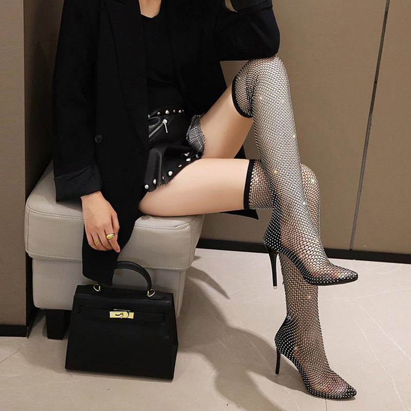 Summer Pointed Toe Over The Knee Hollow Jeweled Women's Leather Boots