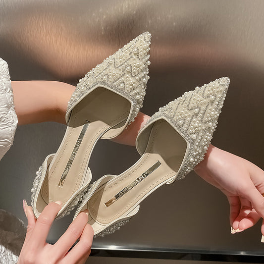 Women's Pearl Wedding Bridesmaid High Mid Banquet Shallow Heels