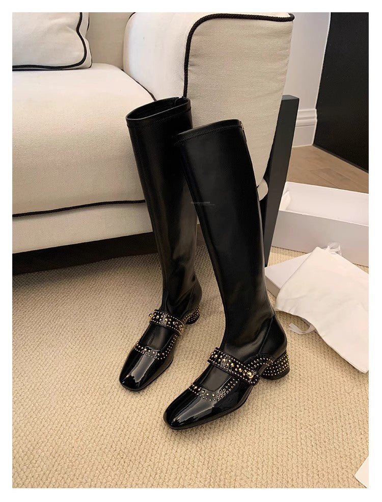 Square Toe Rivet Strap Knight Thick Thin Female Grape Women's Leather Boots