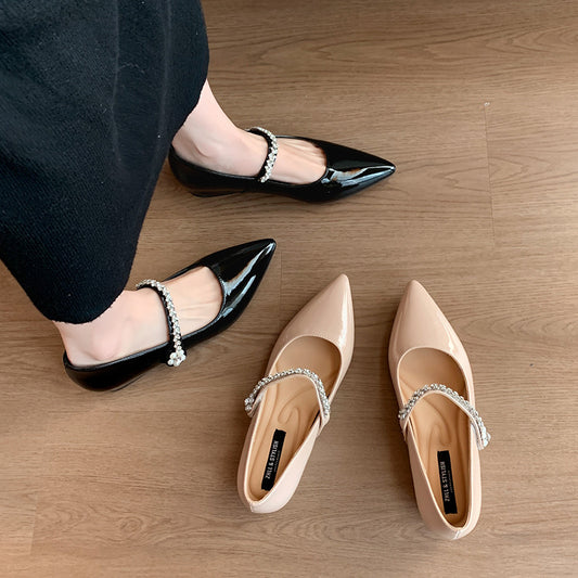 Women's Korean Style Pointed Toe Rhinestone Mary Jane Low-cut Flat Wide Men's Shoes