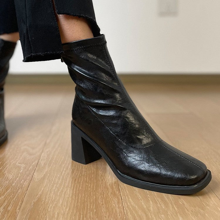 Women's Mute Soft Bottom Stretch Thin Chunky High Short Women's Leather Boots