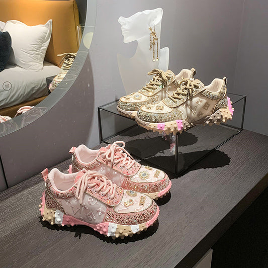 Women's Letter Pumps Rhinestone Durian Bottom Muffin Mesh Women's Sports Shoes