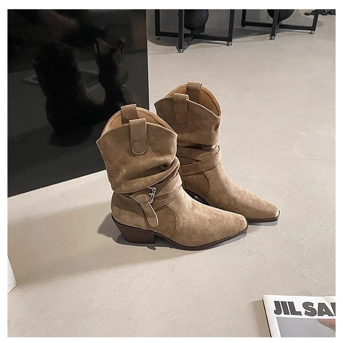 Women's Cut Chunky Pile Style Belt Buckle Square Toe High Heels