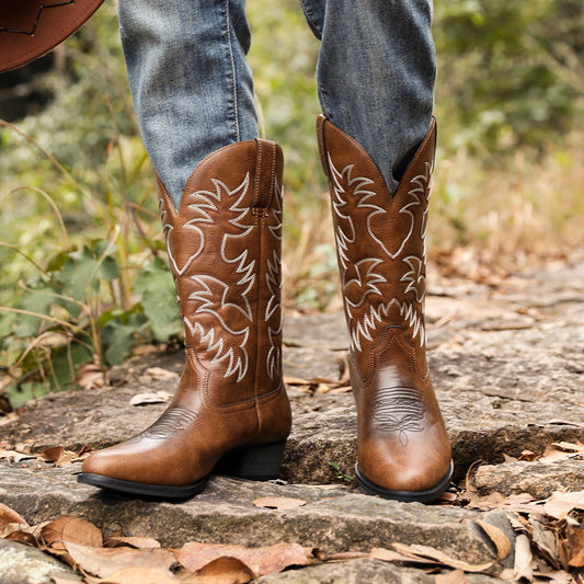 Men's Embroidery High Wooden Root Western Cowboy Zipper Bag Men's Leather Boots