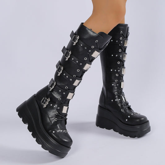 Plus Size Wedge Belt Buckle Punk Rivet Women's Leather Boots