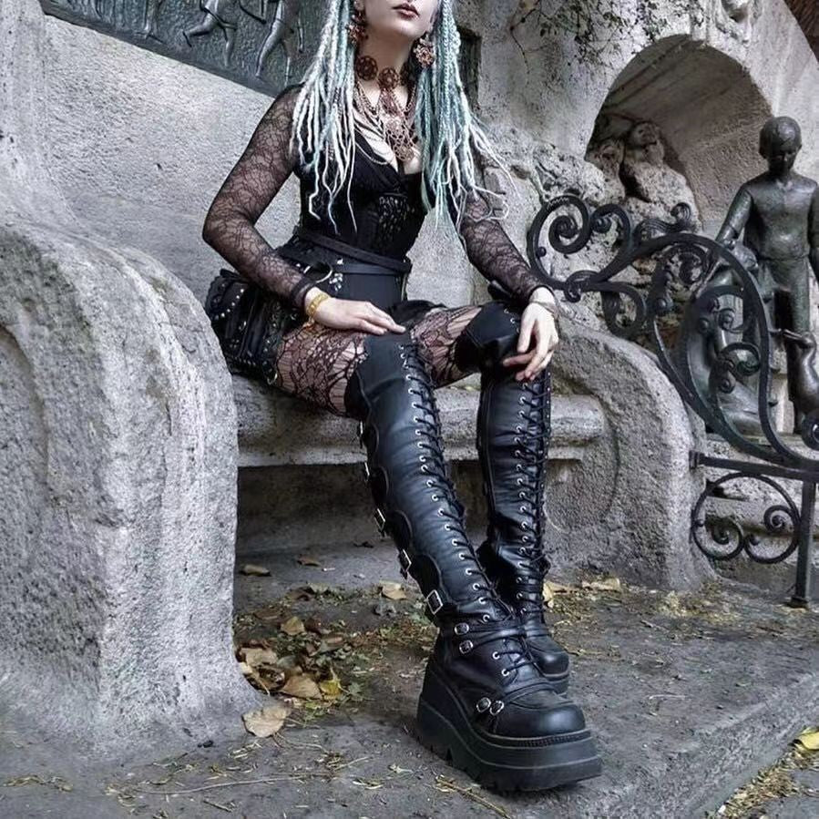 Women's Metal Buckle With Platform High Female Women's Leather Boots