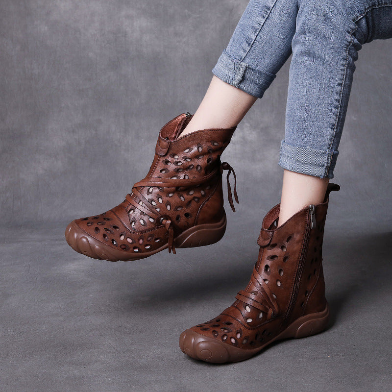 Women's Handmade Authentic Hollow Out Hole Soft Bottom Breathable Single-layer Women's Leather Boots