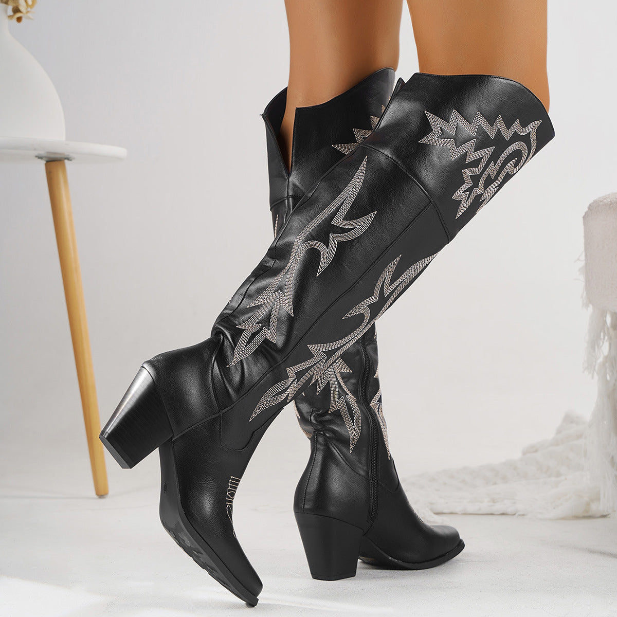 Women's Large Size Long Western Cowboy Knight Over Women's Leather Boots