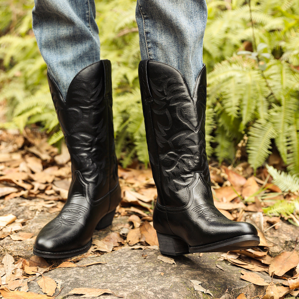 Men's Embroidery High Wooden Root Western Cowboy Zipper Bag Men's Leather Boots