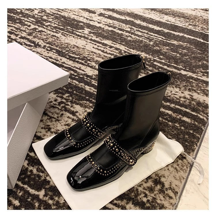 Square Toe Rivet Strap Knight Thick Thin Female Grape Women's Leather Boots