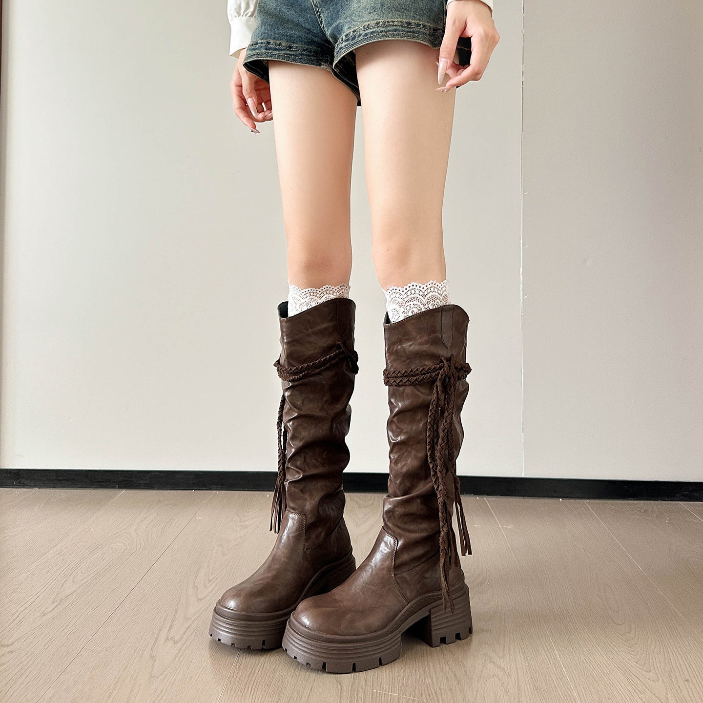 Autumn Tassel High Leg Chunky Platform Below The Knee Slimming Women's Leather Boots