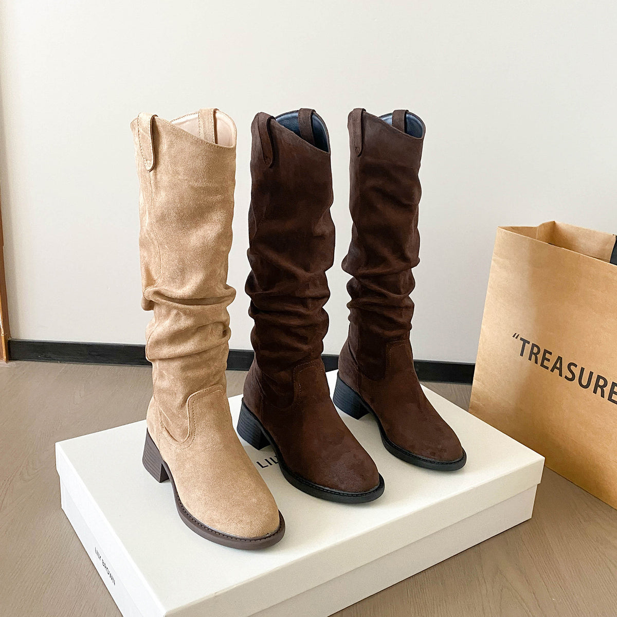 Women's Elevated Small Korean Style Simple Square Toe Temperament Women's Leather Boots