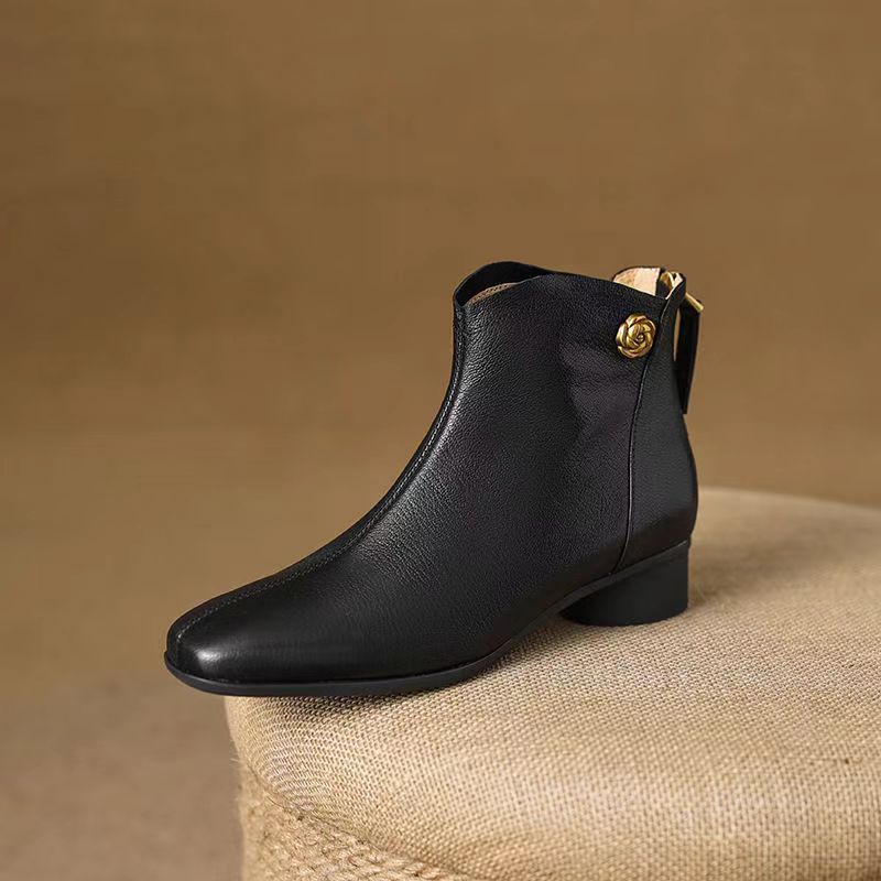 Women's Short French Style Warm Bottom Thick Ankle Niche Women's Leather Boots
