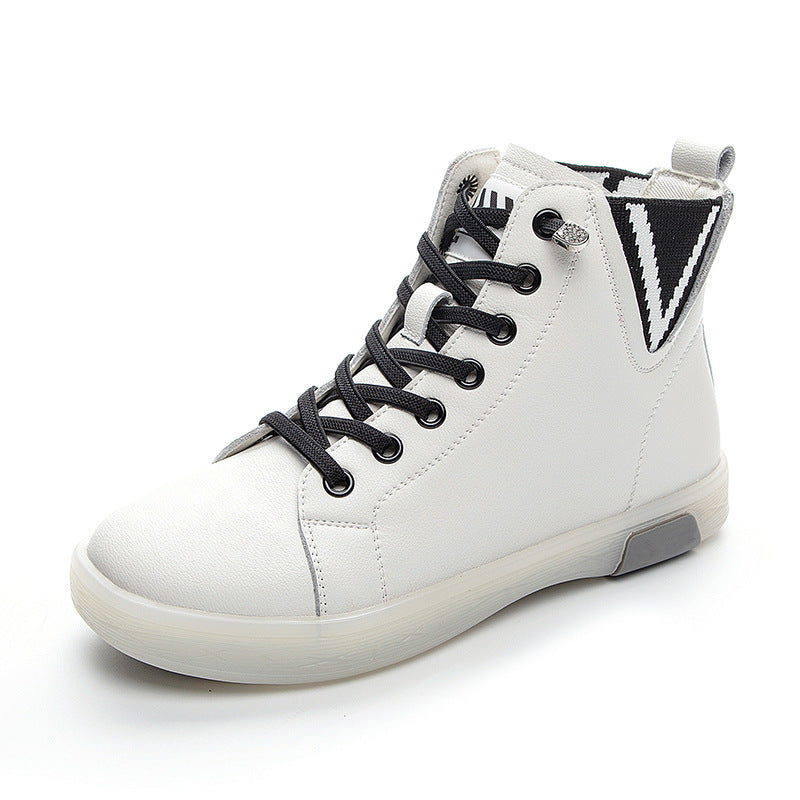 Women's Short Fleece-lined White Soft Bottom Flat Women's Leather Boots