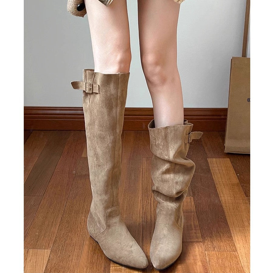 Below The Knee Long Female Suede Elegant Belt Buckle Slimming Heels