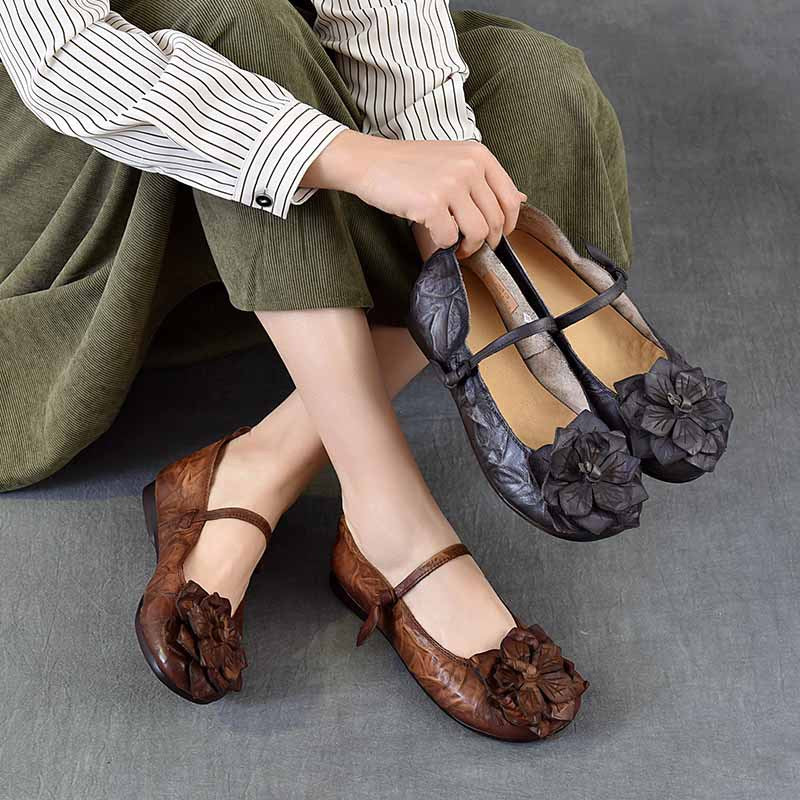 Women's First Layer Cowhide Soft Bottom Ethnic Style Flower Artistic Retro Women's Casual Shoes