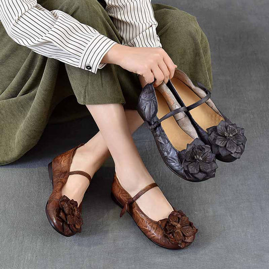 Women's First Layer Cowhide Soft Bottom Ethnic Style Flower Artistic Retro Women's Casual Shoes