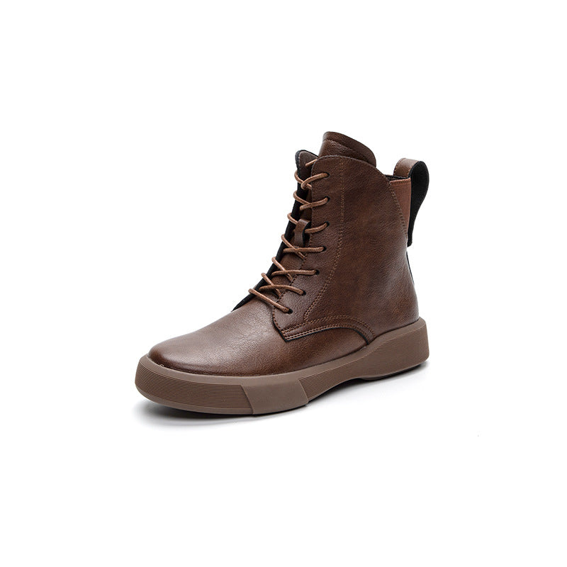 Women's Versatile Cowhide Short British Retro Platform Women's Leather Boots