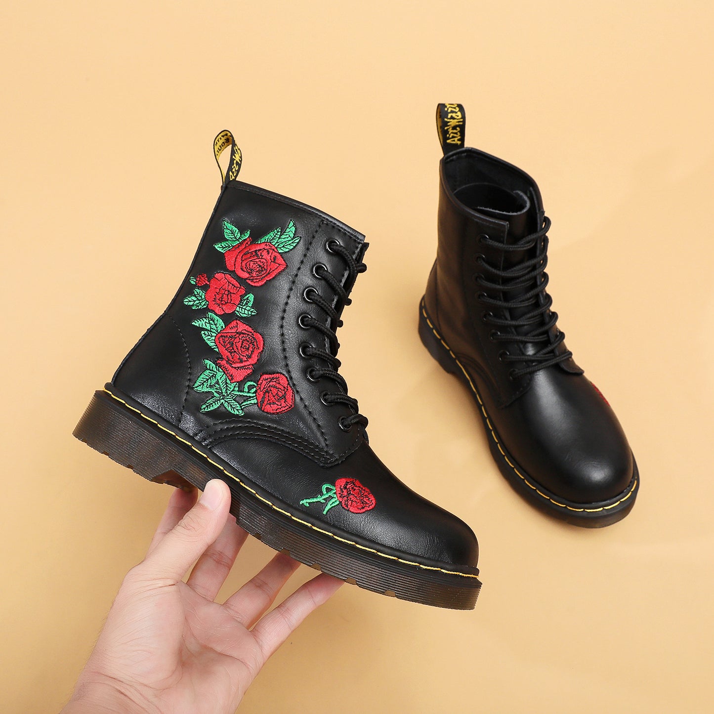 Women's Martin Embroidered Rose British Genuine Retro Women's Leather Boots