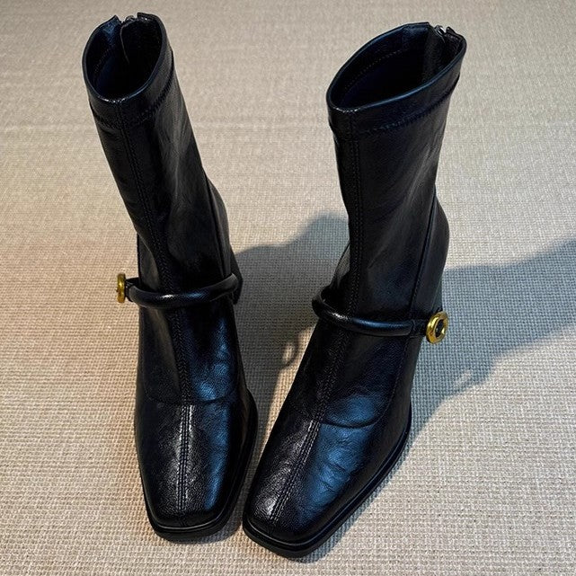 Back Zipper High Square Toe Vintage Fashion Female French Women's Leather Boots