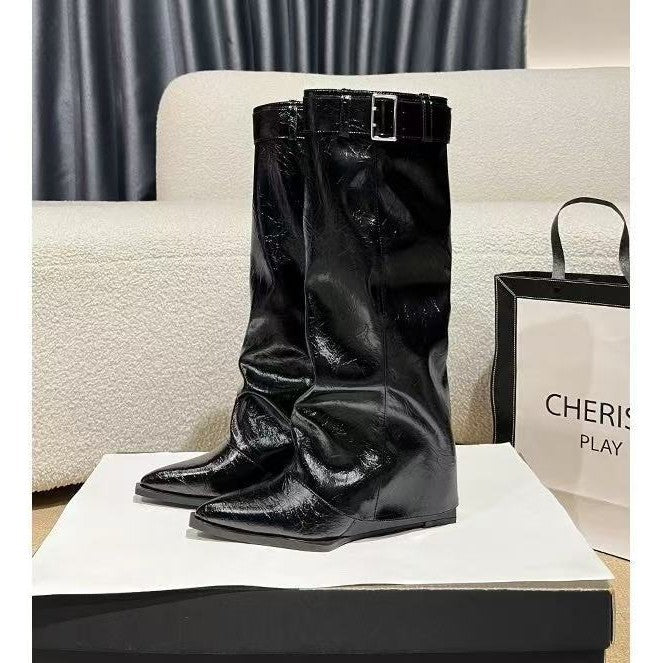 Women's Version Pointed Hot Style White Belt Buckle Wedge Skinny Pants Women's Leather Boots