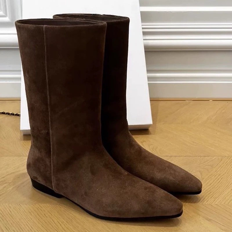 Women's Sheepskin Version Minimalist Pointed Flat Western Cowboy For Women's Leather Boots