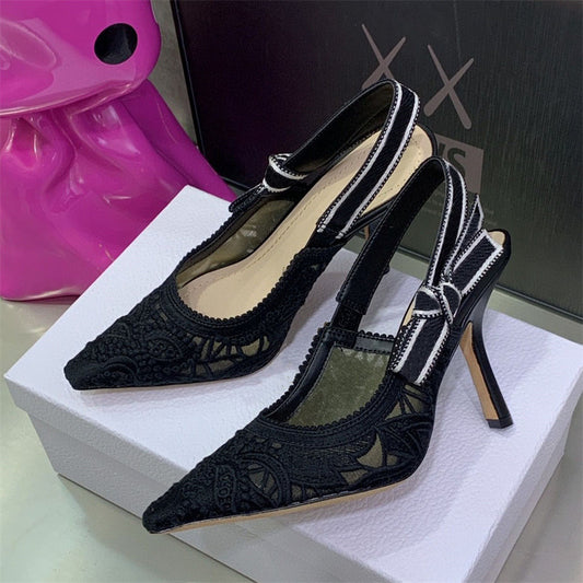 Women's Letters Ribbon Bow Closed Toe French Style Cat Pointed High Heeled Sandals