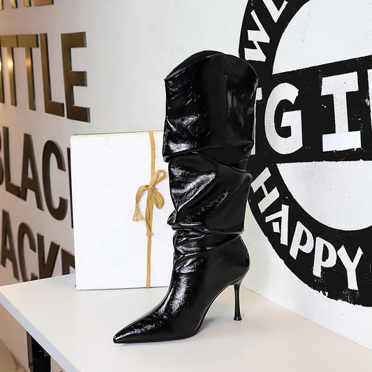 Women's Stiletto Pleated Lazy Pile Style Wide Below The Women's Leather Boots