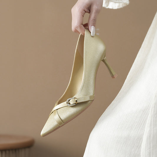 Satin Cross Buckle Classy High Female Stiletto Long Not Tired Women's Fashion Shoes