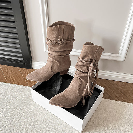 Women's High-grade Tassel Middle Pointed Toe Chunky Pile Boots