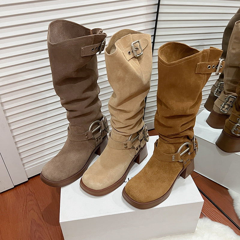 Long Female Chunky High Pile Style Western Cowboy Frosted Women's Leather Boots