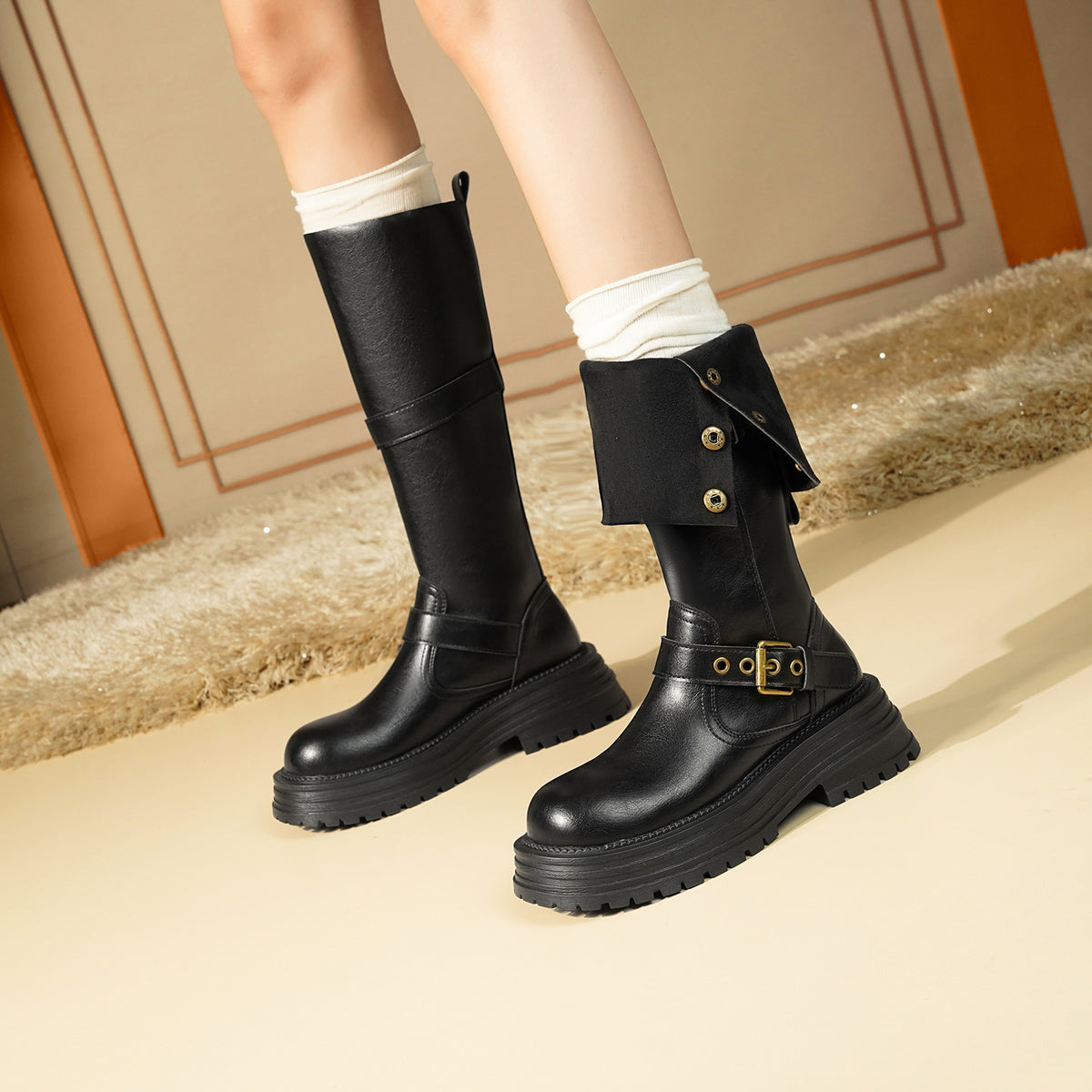 Women's Slimming Small Thick Bottom Increased Below The Knee High Women's Leather Boots