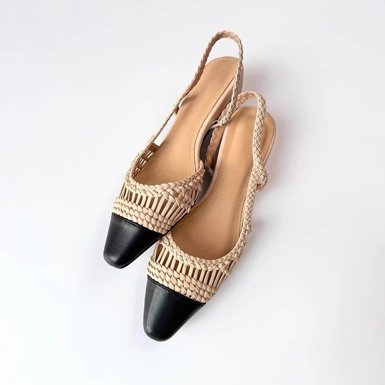 Women's Sheepskin Version Weaving Hollow Square Toe Chunky Back Empty Stitching Sandals