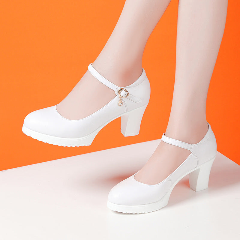 Women's High Chunky Waterproof Platform Cheongsam Model Pumps Pointed Black Soft Leather Shoes