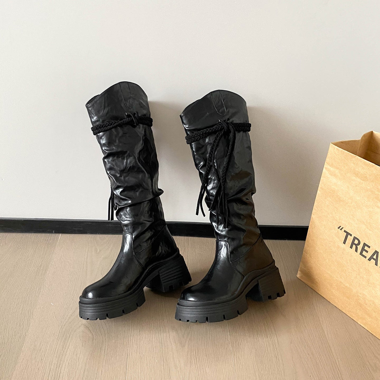 Autumn Tassel High Leg Chunky Platform Below The Knee Slimming Women's Leather Boots