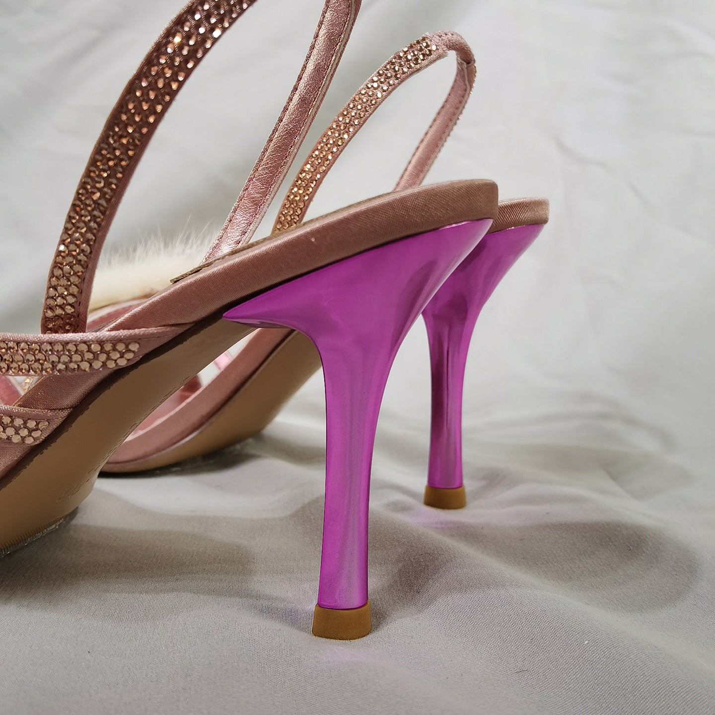 Women's Mink Fur Stiletto Banquet Party Open Toe Rhinestone Heels