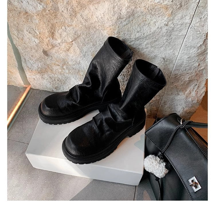 Women's Platform Skinny Round Toe Pleated Back Women's Leather Boots